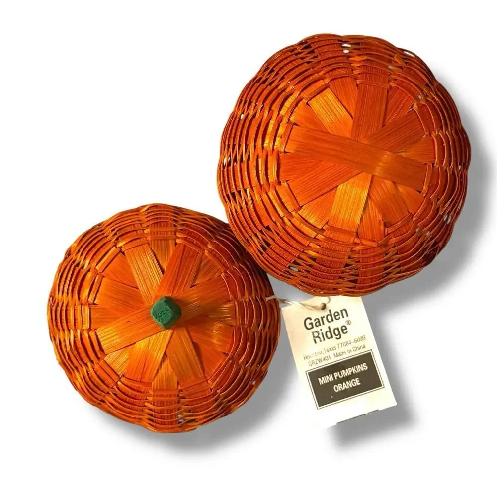 NOS Wicker Halloween Thanksgiving Orange Mini Pumpkin Woven Basket & Lid 3.5”